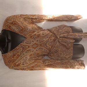 TALBOTS Top Ballet Wrap Pure Silk Brown Paisley Print Long Sleeve Size 8